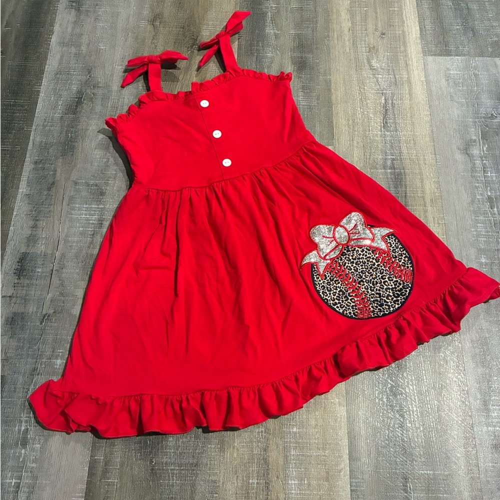 Chic Red Girls' Dress with Bow and Leopard Accent